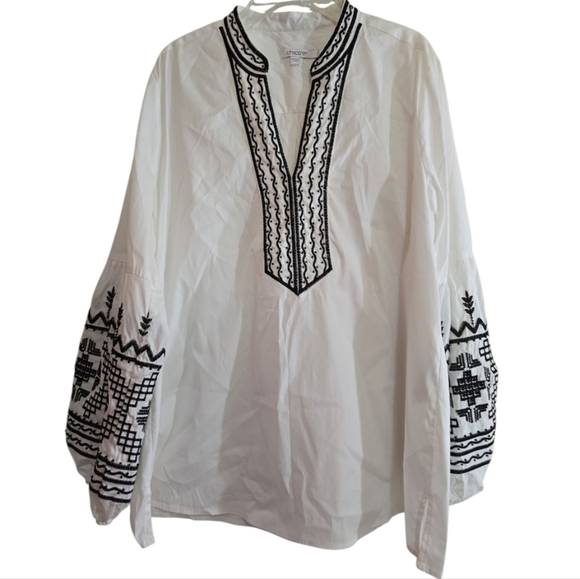 Chico’s Boho Embroidered Beaded Tunic Top Blouse 12 Balloon Sleeves White Black - Picture 1 of 5